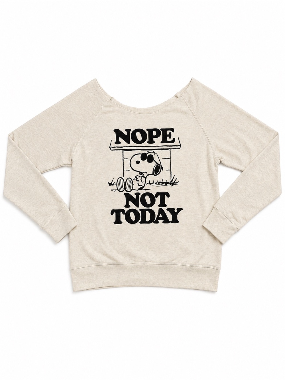 Peanuts Snoopy Nope Not Today Oatmeal Raw Neck Graphic Sweatshirt S/M